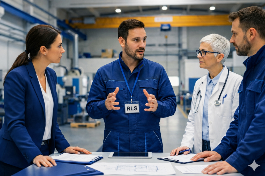 Rappresentante dei Lavoratori per la Sicurezza durante riunione aziendale sulla prevenzione