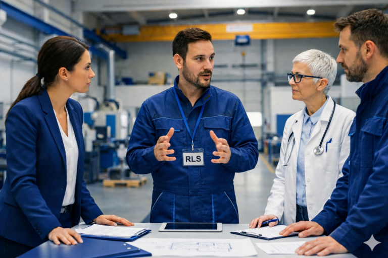 Rappresentante dei Lavoratori per la Sicurezza durante riunione aziendale sulla prevenzione